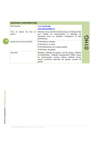 RESSOURCES COMPLÉMENTAIRES
                                            Sites Internet :                                www.moodle.org
                                                                                            www.docs.google.com
                                            Trucs et astuces de mise en Utilisation d’une plateforme électronique est indispensable
                                            œuvre :                     pour faciliter les communications et l’échange de




                                                                                                                                                       01HG
                                                                        documents entre les étudiants, l’enseignant et le(s)
                                                                        partenaire(s).
                          160
                                            Lien(s) avec d’autres activités :               01HA-Réunion d’équipe
                                                                                            01HA-Lettre à un client
                                                                                            01HX-Organisation du voyage étudiant
                                                                                            01HX-Panier de gestion
                                            Mots clés :                                     Objectifs, méthode de gestion, outil de gestion, méthode
                                                                                            de planification, méthode d’organisation, PODC, moyen
                                                                                            de communication, normes, critères, résultats, écarts,
                                                                                            mesure corrective, approche de gestion, courant de
                                                                                            gestion.
Guide d’implantation | Pédagogies actives




                                             Campus de Carleton-sur-Mer – Cégep de la Gaspésie et des Îles
 