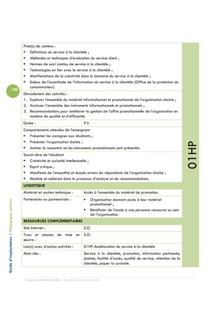 Piste(s) de contenu :
                                                Définitions du service à la clientèle ;
                                                Méthodes et techniques d’évaluation du service client ;
                                                Normes de suivi continu de service à la clientèle ;
                                                Technologies en lien avec le service à la clientèle ;
                                                Manifestations de la créativité dans le domaine du service à la clientèle ;
                                                Enjeux de l’exactitude de l’information du service à la clientèle (Office de la protection du
                                                consommateur).
                          180
                                            Déroulement des activités :
                                            1. Explorer l’ensemble du matériel informationnel et promotionnel de l’organisation choisie ;
                                            2. Analyser l’ensemble des instruments informationnels et promotionnels ;
                                            3. Recommandations pour améliorer la gestion de l’offre promotionnelle de l’organisation en
                                               matière de qualité et d’efficacité.
                                            Durée :                                         9h
                                            Comportements attendus de l’enseignant
                                               Présenter les consignes aux étudiants ;
                                               Présenter l’organisation choisie ;




                                                                                                                                                             01HP
                                               Animer la rencontre où les instruments promotionnels sont présentés.
                                            Savoir-être de l’étudiant
                                               Créativité et curiosité intellectuelle ;
                                               Esprit critique ;
                                               Manifeste de l’empathie et écoute envers les répondants de l’organisation choisie ;
                                               Réaliste et cohérent dans le processus d’analyse et de recommandations.
                                            LOGISTIQUE
                                            Matériel et soutien technique :                 Accès à l’ensemble du matériel de promotion.
                                            Partenaires ou partenariats :                         Organisation donnant accès à leur matériel
Guide d’implantation | Pédagogies actives




                                                                                                  promotionnel ;
                                                                                                  Bénéficier de l’accès à une personne ressource au sein
                                                                                                  de l’organisation.
                                            RESSOURCES COMPLÉMENTAIRES
                                            Site Internet :                                 S.O.
                                            Trucs et astuces de mise en S.O.
                                            œuvre :
                                            Lien(s) avec d’autres activités :               01HP-Amélioration du service à la clientèle
                                            Mots clés :                                     Service à la clientèle, promotion, information pertinente,
                                                                                            plainte, facilité d’accès, qualité de service, rétention de la
                                                                                            clientèle, piquer la curiosité.


                                             Campus de Carleton-sur-Mer – Cégep de la Gaspésie et des Îles
 