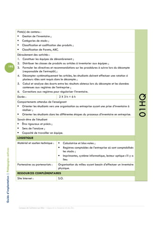 Piste(s) de contenu :
                                                Gestion de l’inventaire ;
                                                Catégories de stocks ;
                                                Classification et codification des produits ;
                                                Classification de Pareto, ABC.
                                            Déroulement des activités :
                                            1. Constituer les équipes de dénombrement ;
                                            2. Distribuer les classes de produits ou articles à inventorier aux équipes ;
                          192               3. Formuler les directives et recommandations sur les procédures à suivre lors du décompte
                                                (responsable de l’entrepôt) ;
                                            4. Décompter systématiquement les articles, les étudiants doivent effectuer une rotation si
                                                plusieurs rôles sont requis dans le décompte ;
                                            5. Calcul et analyse des écarts entre les résultats obtenus lors du décompte et les données
                                                contenues aux registres de l’entreprise ;
                                            6. Corrections aux registres pour régulariser l’inventaire.




                                                                                                                                                           01HQ
                                            Durée :                                      2X3h=6h
                                            Comportements attendus de l’enseignant
                                               Orienter les étudiants vers une organisation ou entreprise ayant une prise d’inventaire à
                                               réaliser ;
                                               Orienter les étudiants dans les différentes étapes du processus d’inventaire en entreprise.
                                            Savoir-être de l’étudiant
                                               Être rigoureux et précis ;
                                               Sens de l’analyse ;
                                               Capacité de travailler en équipe.
                                            LOGISTIQUE
                                            Matériel et soutien technique :                  Calculatrice et bloc-notes ;
                                                                                             Registres comptables de l’entreprise où sont comptabilisés
Guide d’implantation | Pédagogies actives




                                                                                             les stocks ;
                                                                                             Imprimantes, système informatique, lecteur optique s’il y a
                                                                                             lieu.
                                            Partenaires ou partenariats :               Organisation du milieu ayant besoin d’effectuer un inventaire
                                                                                        physique.
                                            RESSOURCES COMPLÉMENTAIRES
                                            Site Internet :                             S.O.




                                             Campus de Carleton-sur-Mer – Cégep de la Gaspésie et des Îles
 