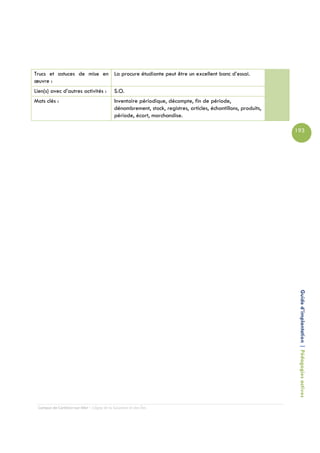 Trucs et astuces de mise en La procure étudiante peut être un excellent banc d’essai.
œuvre :
Lien(s) avec d’autres activités :          S.O.
Mots clés :                                Inventaire périodique, décompte, fin de période,
                                           dénombrement, stock, registres, articles, échantillons, produits,
                                           période, écart, marchandise.

                                                                                                               193




                                                                                                                Guide d’implantation | Pédagogies actives




 Campus de Carleton-sur-Mer – Cégep de la Gaspésie et des Îles
 