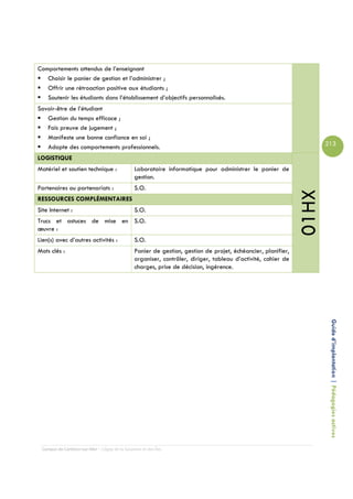 Comportements attendus de l’enseignant
   Choisir le panier de gestion et l’administrer ;
   Offrir une rétroaction positive aux étudiants ;
   Soutenir les étudiants dans l’établissement d’objectifs personnalisés.
Savoir-être de l’étudiant
   Gestion du temps efficace ;
   Fais preuve de jugement ;
   Manifeste une bonne confiance en soi ;
   Adopte des comportements professionnels.                                                                           213

LOGISTIQUE
Matériel et soutien technique :                 Laboratoire informatique pour administrer le panier de
                                                gestion.
Partenaires ou partenariats :                   S.O.




                                                                                                               01HX
RESSOURCES COMPLÉMENTAIRES
Site Internet :                                 S.O.
Trucs et astuces de mise en S.O.
œuvre :
Lien(s) avec d’autres activités :               S.O.
Mots clés :                                     Panier de gestion, gestion de projet, échéancier, planifier,
                                                organiser, contrôler, diriger, tableau d’activité, cahier de
                                                charges, prise de décision, ingérence.




                                                                                                                       Guide d’implantation | Pédagogies actives




 Campus de Carleton-sur-Mer – Cégep de la Gaspésie et des Îles
 