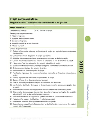 Projet communautaire
Programme des Techniques de comptabilité et de gestion

PARTIE MINISTÉRIELLE
Compétence(s) visée(s) :                        01HX – Gérer un projet.
Élément(s) de compétence visé(s) :
1. Préparer le projet.
2. Structurer les activités du projet.                                                                      215
3. Coordonner le projet.
4. Assurer le contrôle et le suivi du projet.
5. Achever le projet.
Critères de performance :
1.1 Collecte d’information générale sur la nature du projet, ses particularités et son contexte
     de réalisation.
1.2 Choix d’une méthode de gestion de projet appropriée.
1.3 Définition précise des objectifs du projet en conformité avec le résultat attendu.
1.4 Collecte minutieuse des données à l’interne et à l’externe en vue de structurer le projet.




                                                                                                     01HX
2.1 Préparation d’une liste exhaustive des activités prévisibles du projet.
2.2 Regroupement des activités du projet par catégories facilitant l’organisation du travail.
2.3 Ordonnancement logique des activités du projet.
2.4 Établissement d’un calendrier précis du projet.
3.1 Planification rigoureuse des ressources humaines, matérielles et financières nécessaires au
     projet.
3.2 Partage équitable des différentes responsabilités du projet.
3.3 Gestion efficace de la documentation sur le projet.
3.4 Prise de décisions judicieuses au regard de l’utilisation des ressources.
3.5 Manifestation d’attitudes de respect et de confiance envers les personnes engagées dans
     le projet.                                                                                              Guide d’implantation | Pédagogies actives
4.1 Élaboration et utilisation d’outils propres à mesurer l’atteinte des objectifs du projet.
4.2 Détermination de mesures pertinentes visant à améliorer le projet sur le plan des procédés
     administratifs et de la réorganisation des ressources.
4.3 Production et diffusion de rapports de synthèse sur l’état de l’avancement des travaux.
5.1 Production d’un rapport final facilitant l’évaluation du projet.
5.2 Évaluation a posteriori de la qualité et de la valeur du projet.
5.3 Élaboration de propositions judicieuses visant la réutilisation des ressources ou des produits
     restants à la fin du projet.




 Campus de Carleton-sur-Mer – Cégep de la Gaspésie et des Îles
 
