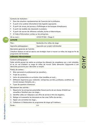 Contexte de réalisation :
                                               Dans des situations représentatives de l’exercice de la profession.
                                               À partir d’un système informatisé et des logiciels appropriés.
                                               À partir de revues, de journaux, d’affichages et de banques d’employeurs.
                                               À partir de modèles des documents à produire.
                                               À partir de sources de référence verbales, écrites et électroniques.
                                               À l’aide d’informations variées sur les entreprises.
                                            Lié au cours :                                  410-A19-GA – Stage 2
                          224               ACTIVITÉ
                                            Titre :                                         Recherche d’un milieu de stage
                                            Approche pédagogique :                          Approche par projets individualisé
                                            Description générale de l’activité :
                                            L’étudiant élabore et met en œuvre une stratégie visant à trouver un milieu de stage en fin de
                                            programme de formation.




                                                                                                                                             01HY
                                            SCÉNARIO PÉDAGOGIQUE
                                            Contexte pédagogique :
                                            Cette activité permet de mettre en pratique les éléments de compétence qui y sont rattachés,
                                            et ce, en vue d’obtenir un stage en milieu de travail. Cette démarche s’apparente à une
                                            démarche poursuivie pour décrocher un emploi.
                                            Piste(s) de contenu :
                                                Bilan personnel et professionnel (se connaître) ;
                                                Projet de carrière ;
                                                Lettre de présentation et curriculum vitae (modèles et trucs) ;
                                                Différents répertoires pour recherche : entreprises, carrière, profession, conditions de
                                                travail, banque d’emplois, etc. ;
                                                Types de questions d’entrevue.
                                            Déroulement des activités :
Guide d’implantation | Pédagogies actives




                                            1. Répertorier les entreprises potentielles faisant partie de son champ d’intérêt qui
                                               accueillera l’étudiant pour son stage ;
                                            2. Identifier celles où il déposera une offre de service à titre de stagiaire ;
                                            3. Rédiger et transmettre les documents en lien avec l’offre de service ;
                                            4. Signer une convention de stage ;
                                            5. Collaborer à l’élaboration du programme de stage qu’il réalisera.
                                            Durée :                                         6h




                                             Campus de Carleton-sur-Mer – Cégep de la Gaspésie et des Îles
 