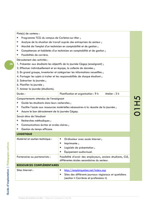 Piste(s) de contenu :
                                                     Programme TCG du campus de Carleton-sur-Mer ;
                                                     Analyse de la situation de travail auprès des entreprises du secteur ;
                                                     Marché de l’emploi d’un technicien en comptabilité et de gestion ;
                                                     Compétences et habiletés d’un technicien en comptabilité et de gestion ;
                                                     Possibilités de carrière.
                                                 Déroulement des activités :
                                            36   1. Présenter aux étudiants les objectifs de la journée Cégep (enseignant) ;
                                                 2. Effectuer individuellement et en équipe, la collecte de données ;
                                                 3. En grand groupe, inventorier et catégoriser les informations recueillies ;
                                                 4. Partager les sujets à traiter et les responsabilités de chaque étudiant ;
                                                 5. Scénariser la journée ;
                                                 6. Planifier la journée ;
                                                 7. Animer la journée (étudiants).
                                                 Durée :                                         Planification et organisation : 9 h     Atelier : 3 h




                                                                                                                                                               01H5
                                                 Comportements attendus de l’enseignant
                                                    Guide les étudiants dans leurs recherches ;
                                                    Facilite l’accès aux ressources matérielles nécessaires à la réussite de la journée ;
                                                    Assure le bon déroulement de la journée Cégep.
                                                 Savoir-être de l’étudiant
                                                    Recherches méthodiques ;
                                                    Communications écrites et orales claires ;
                                                    Gestion du temps efficace.
                                                 LOGISTIQUE
                                                 Matériel et soutien technique :                      Ordinateur avec accès Internet ;
Guide d’implantation | Pédagogies actives




                                                                                                      Imprimante ;
                                                                                                      Logiciels de présentation ;
                                                                                                      Équipement audiovisuel.
                                                 Partenaires ou partenariats :                   Possibilité d’avoir des employeurs, anciens étudiants, CLE,
                                                                                                 différentes écoles secondaires du secteur.
                                                 RESSOURCES COMPLÉMENTAIRES
                                                 Sites Internet :                                     http://emploiquebec.net/index.asp
                                                                                                      Sites des différents journaux régionaux et quotidiens
                                                                                                      (section « Carrières et professions »)




                                                  Campus de Carleton-sur-Mer – Cégep de la Gaspésie et des Îles
 