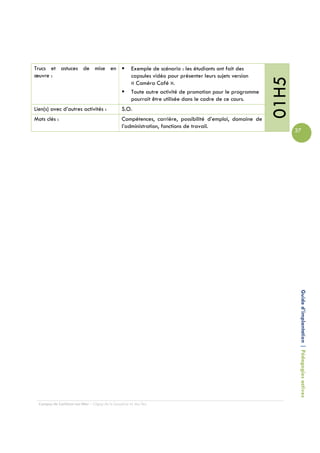 Trucs et astuces de mise en                           Exemple de scénario : les étudiants ont fait des
œuvre :                                               capsules vidéo pour présenter leurs sujets version




                                                                                                            01H5
                                                      « Caméra Café ».
                                                      Toute autre activité de promotion pour le programme
                                                      pourrait être utilisée dans le cadre de ce cours.
Lien(s) avec d’autres activités :               S.O.
Mots clés :                                     Compétences, carrière, possibilité d’emploi, domaine de
                                                l’administration, fonctions de travail.
                                                                                                                   37




                                                                                                                    Guide d’implantation | Pédagogies actives




  Campus de Carleton-sur-Mer – Cégep de la Gaspésie et des Îles
 