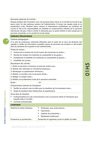 Description générale de l’activité :
                                                 Chaque étudiant doit s’entretenir avec une personne étant active sur le marché du travail et qui
                                                 œuvre dans l’un des nombreux secteurs de l’administration. À travers son compte rendu et sa
                                                 présentation orale, l’étudiant devra résumer le cheminement académique, les conditions de
                                                 travail, le rôle et les responsabilités, les habiletés et comportements attendus de la personne
                                                 interviewée. De plus, il devra vérifier la demande pour un poste similaire à celui occupé par la
                                                 personne rencontrée, sur le marché du travail actuel.
                                                 SCÉNARIO PÉDAGOGIQUE
                                                 Contexte pédagogique :
                                            40
                                                 À la suite de nombreuses recherches effectuées dans le cadre de ce cours, les étudiants sont
                                                 appelés à valider les informations recueillies auprès de personnes qui occupent un réel emploi
                                                 dans les domaines de la gestion et de l’administration.
                                                 Piste(s) de contenu :
                                                     Analyse de la situation de travail auprès des entreprises du secteur ;
                                                     Marché de l’emploi d’un technicien en comptabilité et de gestion ;
                                                     Compétences et habiletés d’un technicien en comptabilité de gestion ;
                                                     Possibilités de carrière.
                                                 Déroulement des activités :




                                                                                                                                                         01H5
                                                 1. Choisir la personne à rencontrer et prise de rendez-vous ;
                                                 2. Réaliser des recherches sur l’entreprise-employeur ;
                                                 3. Développer un questionnaire d’entrevue ;
                                                 4. Réaliser un entretien avec la personne choisie ;
                                                 5. Rédiger un compte rendu ;
                                                 6. Réaliser une présentation orale de la personne rencontrée.
                                                 Durée :                                          6h
                                                 Comportements attendus de l’enseignant
                                                    Facilite les contacts avec le milieu pour les étudiants qui le connaissent moins ;
                                                    Guide les étudiants dans l’élaboration du questionnaire.
Guide d’implantation | Pédagogies actives




                                                 Savoir-être de l’étudiant
                                                    Professionnalisme lors des communications avec la personne choisie et l’entreprise pour
                                                    laquelle celle-ci travaille ;
                                                    Curiosité professionnelle.
                                                 LOGISTIQUE
                                                 Matériel et soutien technique :                       Ordinateur avec accès Internet ;
                                                                                                       Imprimante ;
                                                                                                       Logiciels de présentation ;
                                                                                                       Équipement audiovisuel.
                                                 Partenaires ou partenariats :                   Entreprises et organismes privés et publics du milieu


                                                  Campus de Carleton-sur-Mer – Cégep de la Gaspésie et des Îles
 