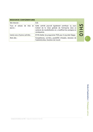 RESSOURCES COMPLÉMENTAIRES
Site Internet :                                 S.O.




                                                                                                          01H5
Trucs et astuces de mise en Cette activité pourrait également contribuer au cours
œuvre :                     traitant de la vision globale de l’entreprise dans un
                            contexte de mondialisation en y modifiant les consignes en
                            conséquence.
Lien(s) avec d’autres activités :               01H5-Atelier du programme TCG pour la journée Cégep
Mots clés :                                     Compétences, carrière, possibilité d’emploi, domaine de          41
                                                l’administration, fonctions de travail.




                                                                                                                  Guide d’implantation | Pédagogies actives




 Campus de Carleton-sur-Mer – Cégep de la Gaspésie et des Îles
 