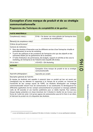 Conception d’une marque de produit et de sa stratégie
communicationnelle
Programme des Techniques de comptabilité et de gestion

PARTIE MINISTÉRIELLE
Compétence(s) visée(s) :                          01H6 – Se donner une vision globale de l’entreprise dans
                                                         un contexte de mondialisation1.                                                      47
Élément(s) de compétence visé(s)4
Critères de performance4
Contexte de réalisation :
    Dans des situations d’interaction avec les différents services d’une l’entreprise virtuelle et
    particulièrement, le service de marketing.
    À partir des politiques et des procédures de l’entreprise ainsi que des objectifs et des
    contraintes établis par les gestionnaires de la simulation.
    À l’aide d’indicateurs de performance, des budgets, rapports et activités en lien avec le




                                                                                                                                       01H6
    marketing, de l’entreprise et de l’industrie dans laquelle elle évolue.
Lié au cours :                        410-H23 – GA Marketing
ACTIVITÉ
Titre :                                           Conception d’une marque de produit et de sa stratégie
                                                  communicationnelle
Approche pédagogique :                            Approche par projets
Description générale de l’activité :
En équipe, les étudiants sont appelés à concevoir (pour un produit qui leur est soumis par
l’enseignant) tous les éléments se rapportant à la marque de ce produit, en s’assurant de
l’exclusivité de leur concept auprès de l’OPIC. Les étudiants développent une stratégie

                                                                                                                                               Guide d’implantation | Pédagogies actives
communicationnelle incluant l’axe de communication et ses constituantes. Ils développeront les
différentes applications de leur concept communicationnel en proposant un message publicités
radio de 30 secondes et une insertion publicitaire pour un média imprimé. Pour conclure,
chaque équipe présentera en classe (maximum de 5 minutes) le résultat de ses travaux sous
forme de « pitch de vente » tel qu’une agence de communication pourrait le faire à son client,
le fabricant du produit mis à la disposition des étudiants.




 4   Le cours de Marketing est associé à la compétence 01H6 même si la fonction « marketing » n’y est pas spécifiquement mentionnée.



  Campus de Carleton-sur-Mer – Cégep de la Gaspésie et des Îles
 