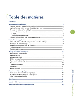 Table des matières
Introduction.......................................................................................................................... 1
Résumé de notre expérience................................................................................................ 3
 Adhésion volontaire des participants au projet .................................................................................4
 Implantation progressive des nouvelles pédagogies actives...........................................................5
 Ressources à la disposition de l’équipe................................................................................................5
   La formation des enseignants ...............................................................................................................6                   v
   Le temps ...................................................................................................................................................6
   L’évaluation des apprentissages...........................................................................................................6
 Communication constante avec la clientèle étudiante .......................................................................7
Innovation pédagogique ..................................................................................................... 9
  Milieu collégial et défi de l’enseignement en formation technique ................................................9
  Paradigme de l’apprentissage........................................................................................................... 10
  Aspect professionnalisant pour les étudiants ................................................................................... 11
  Pédagogies actives............................................................................................................................... 12
  Évaluation authentique ......................................................................................................................... 13
Pédagogies actives privilégiées......................................................................................... 15
 Apprentissage par problèmes............................................................................................................ 15
 Méthode des cas ................................................................................................................................... 16
 Approche par projets ........................................................................................................................... 18
 Schéma conceptuel................................................................................................................................ 19
 Projet en milieu de pratique ............................................................................................................... 19
 Débat....................................................................................................................................................... 20
 Conférence de presse .......................................................................................................................... 20
 Jeu de rôle.............................................................................................................................................. 21
 Visite d’entreprise ................................................................................................................................. 22

                                                                                                                                                                       Guide d’implantation | Pédagogies actives
Fiches d’activité pédagogique ........................................................................................... 23
  Structure des fiches d’activité pédagogique ................................................................................... 23
  Répertoires des fiches d’activité pédagogique .............................................................................. 24
  Fiches d’activité pédagogique............................................................................................................ 27
Conclusion ......................................................................................................................... 29
Liste des références............................................................................................................ 31
Annexe 1 : Fiches d’activité pédagogique......................................................................... 34
 