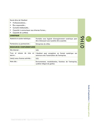 Savoir-être de l’étudiant
   Professionnalisme ;
   Être responsable ;
   Curiosité intellectuelle ;
   Capacité à communiquer sous diverses formes ;
   Capacité de synthèse.
LOGISTIQUE




                                                                                                            01H6
Matériel et soutien technique :                 Portable avec logiciel d’enregistrement numérique peut             65
                                                être intéressant sans toutefois être essentiel.
Partenaires ou partenariats :                   Entreprises du milieu
RESSOURCES COMPLÉMENTAIRES
Site Internet :                                 S.O.
Trucs et astuces de mise en L’étudiant peut enregistrer en format numérique son
œuvre :                     entrevue avec l’autorisation de l’entreprise.
Lien(s) avec d’autres activités :               S.O.
Mots clés :                                     Environnement, mondialisation, fonctions de l’entreprise,
                                                système intégré de gestion.




                                                                                                                    Guide d’implantation | Pédagogies actives




 Campus de Carleton-sur-Mer – Cégep de la Gaspésie et des Îles
 