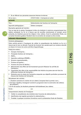 En se référant aux personnes-ressources internes et externes.
                                                 Lié au cours :                                  410-H13-GA – L’entreprise en action
                                                 ACTIVITÉ
                                                 Titre :                                         Schématisation des fonctions de l’entreprise
                                                 Approche pédagogique :                          Schéma conceptuel
                                                 Description générale de l’activité :
                                                 Tout au long de la session, l’enseignant invitera les étudiants à construire progressivement leur
                                                 schéma conceptuel. Au fur et à mesure que de nouvelles connaissances et concepts seront
                                            68
                                                 présentés, les étudiants pourront les intégrer à leur schéma. Avant la présentation finale, une
                                                 correction formative guidera l’étudiant dans la correction de concepts ou lien erronés.
                                                 SCÉNARIO PÉDAGOGIQUE
                                                 Contexte pédagogique :
                                                 Cette activité permet à l’enseignant de valider la compréhension des étudiants au fur et à
                                                 mesure que le cours se déroule. Il permet de structurer leur pensée quant aux contenus abordés
                                                 en classe et à travers les autres activités d’apprentissage.
                                                 Piste(s) de contenu :
                                                     Concepts d’entreprise ;




                                                                                                                                                     01H6
                                                     Principales fonctions de l’entreprise ;
                                                     PESTE ;
                                                     Approche systémique (IPEMER) ;
                                                     Structure organisationnelle ;
                                                     Processus de gestion ;
                                                     Processus de prise de décision ;
                                                     Démonstration des effets de l’environnement pouvant influencer les activités de
                                                     l’entreprise ;
                                                     Présentation des rôles et des responsabilités des titulaires de postes œuvrant dans les
                                                     différentes fonctions de l’entreprise ;
Guide d’implantation | Pédagogies actives




                                                     Distinction entre la mission de l’entreprise comparée aux objectifs particuliers provenant de
                                                     chacune des fonctions de l’entreprise.
                                                 Déroulement des activités :
                                                 1. L’étudiant commence la création de son schéma conceptuel dès le premier cours ;
                                                 2. De façon régulière, l’enseignant constate la progression dans la construction des schémas
                                                   des étudiants ;
                                                 3. En fin de session, les étudiants présentent individuellement, leur schéma.
                                                 Durée :                                         6h
                                                 Comportements attendus de l’enseignant
                                                    Valider la compréhension des étudiants dans l’exercice de schématisation ;
                                                    Identification des logiciels permettant la schématisation ;
                                                    Procéder à quelques corrections formatives avant la présentation finale de l’étudiant.


                                                  Campus de Carleton-sur-Mer – Cégep de la Gaspésie et des Îles
 