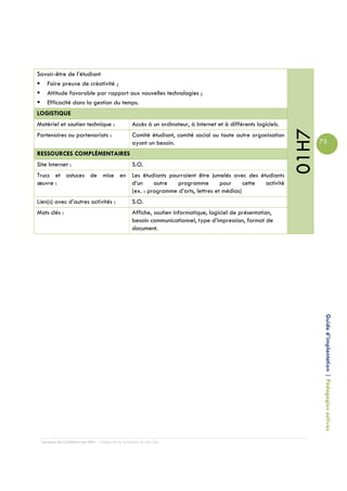 Savoir-être de l’étudiant
   Faire preuve de créativité ;
   Attitude favorable par rapport aux nouvelles technologies ;
   Efficacité dans la gestion du temps.
LOGISTIQUE
Matériel et soutien technique :                 Accès à un ordinateur, à Internet et à différents logiciels.




                                                                                                               01H7
Partenaires ou partenariats :                   Comité étudiant, comité social ou toute autre organisation
                                                ayant un besoin.                                                      73
RESSOURCES COMPLÉMENTAIRES
Site Internet :                                 S.O.
Trucs et astuces de mise en Les étudiants pourraient être jumelés avec des étudiants
œuvre :                     d’un     autre   programme         pour     cette activité
                            (ex. : programme d’arts, lettres et médias)
Lien(s) avec d’autres activités :               S.O.
Mots clés :                                     Affiche, soutien informatique, logiciel de présentation,
                                                besoin communicationnel, type d’impression, format de
                                                document.




                                                                                                                       Guide d’implantation | Pédagogies actives




 Campus de Carleton-sur-Mer – Cégep de la Gaspésie et des Îles
 
