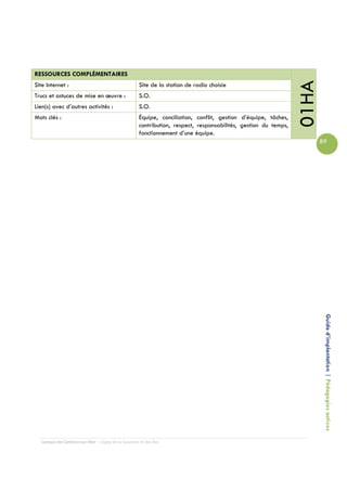 RESSOURCES COMPLÉMENTAIRES




                                                                                                                01HA
Site Internet :                                     Site de la station de radio choisie
Trucs et astuces de mise en œuvre :                 S.O.
Lien(s) avec d’autres activités :                   S.O.
Mots clés :                                         Équipe, conciliation, conflit, gestion d’équipe, tâches,
                                                    contribution, respect, responsabilités, gestion du temps,
                                                    fonctionnement d’une équipe.
                                                                                                                       89




                                                                                                                        Guide d’implantation | Pédagogies actives




  Campus de Carleton-sur-Mer – Cégep de la Gaspésie et des Îles
 