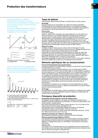 Chorus Guide de la distribution électrique basse tension et HTA - 2009
B103
6
Types de défauts
Les principaux défauts pouvant affecter un transformateur sont les suivants.
Surcharge
Elle peut résulter d’une augmentation du nombre de charges alimentées
simultanément et/ou de la puissance absorbée par une ou plusieurs charges.
La surintensité de longue durée produite provoque une élévation de température
préjudiciable à la tenue des isolants et à la longévité du transformateur.
Court-circuit
Il peut être d’origine :
@ interne : défaut entre conducteurs de phases différentes ou entre spires d’un
même enroulement. L’arc de défaut dégrade le bobinage et peut entraîner un
incendie. Dans un transformateur à huile, il provoque l’émission de gaz de
décomposition dont l’accumulation peut être dangereuse. Un court-circuit violent
provoque des dégats importants pouvant détruire le bobinage, voire la cuve.
@ externe : défaut entre phases des liaisons aval. Le courant de court-circuit aval
provoque dans le transformateur des efforts électrodynamiques qui peuvent affecter
mécaniquement les bobinages et évoluer ensuite en défaut interne.
Défaut à la masse
Ce défaut d’origine interne peut se produire entre le bobinage et le noyau
magnétique. Pour un transformateur à huile il provoque un dégagement gazeux qui
peut entraîner la destruction du transformateur et un incendie.
L’amplitude du courant de défaut à la masse dépend du régime de neutre des
réseaux amont et aval et de la position du courant dans le bobinage (ﬁgures).
@ couplage étoile (1) : le courant varie entre 0 et la valeur maximum selon que le
défaut est à l’extrêmité neutre ou phase de l’enroulement
@ couplage triangle (2), le courant varie entre 50 % et 100 % de la valeur maximum
selon que le défaut est au milieu ou à une extrêmité de l’enroulement.
Eléments spéciﬁques liés au fonctionnement
Courant d’enclenchement des transformateurs
La mise sous tension d’un transformateur provoque une pointe de courant transitoire
d’enclenchement (ﬁg. ci-contre).
La valeur de la première crête peut atteindre, pour un transformateur HTA/BT
enclenché côté HTA, jusqu’à 15 fois la valeur crête du courant assigné. Les valeurs
sont plus élevées pour un enclenchement côté BT ou un transformateur BT/BT. Les
crêtes s’amortissent suivant une exponentielle dont la constante de temps (0,1 à
0,7 s) dépend de la résistance de l’enroulement et de la charge au secondaire.
Ce phènomène résulte de la saturation du circuit magnétique qui amène un
courant magnétisant important. La valeur crête du courant est maximale pour un
enclenchement au passage à zéro de la tension avec une induction rémanente
maximale sur la même phase. La forme de l’onde de courant est riche en
harmonique 2.
Ce phénomène correspond à une manœuvre normale d’exploitation du réseau.
Il ne doit donc pas être vu comme un défaut par les protections, qui devront laisser
passer la pointe d’enclenchement.
Surﬂuxage
Une exploitation de transformateur à tension trop élevée ou à fréquence trop basse
provoque aussi un courant magnétisant excessif et entraîne une déformation de
courant riche en harmonique 5.
Principaux dispositifs de protection
Parafoudres HTA de protection contre les défauts amont
Ils protégent contre les défauts sur le réseau du distributeur d’énergie et sont
installés à proximité immédiate du transformateur, aux points de raccordement HTA.
Cette protection s’impose quand :
@ le niveau kéraunique Nk de la région (nombre de jours / an où le tonnerre à été
entendu dans la zone du poste) est supérieur à 25
@ les manœuvres d’un transformateur faiblement chargé ou en phase de
magnétisation restent "occasionnelles" (moins de 10 par an),
@ le poste est alimenté par un réseau comprenant des parties aériennes , suivies
d’un câble enterré de plus de 20 m de long.
Cellules de protection par fusible ou disjoncteur
Elles réalisent la protection contre les courts-circuits et les surcharges.
Relais de protection (type DMCR ou DGPT2)
Ces appareils de protection spéciﬁques aux transformateurs immergés signalent
toute anomalie. Ils donnent l’alarme e provoquent le déclenchement dès qu’ils
détectent un dégagement gazeux ou une élévation de température anormale du
diélectrique.
Sondes PTC
Les sondes PTC sont placées entre le circuit magnétique et les enroulements BT
des transformateurs secs type Trihal. Elles détectent des seuils de température pour
donner l’alarme et provoquer le déclenchement.
Le transformateur est un élément
particulièrement important d’un réseau.
Il subit toutes les perturbations des réseaux HTA
amont (coups de foudre, coupures de ligne,
etc.) et BT aval.
Il doit être protégé efﬁcacement contre tous
les défauts, d’origine externe ou interne,
susceptibles de l’endommager.
La mise sous tension d’un transformateur
produit un appel de courant très important
dont il faut tenir compte dans les réglages des
protections contre les surintensités.
i(t) = valeur crête du courant d’énclenchement
Î = valeur crête maximale de la première crête
τe
= constante de temps de l’amortissement
La valeur crête maximale Ie est déﬁnie par rapport à, la valeur crête du
courant nominal du transformateur :
Par exemple pour un transformateur Trihal 630 kVA/24 kV :
@ pour Ucc = 4 % ηe
=13 τe
= 200 ms
@ pour Ucc = 4 % ηe
=10 τe
= 250 ms
Amplitude du courant de défaut à la masse
(1) couplage étoile (2) couplage triangle
I
%
0 100 %
I
%
Imax
2
Imax
Fig. 1 Fig. 2
Imax
0 100 %50 %
Ic
t
. e
e
n
Î
Î
=
î t Î ee e
t
e( ) =
−
τ
Protection des transformateurs
 