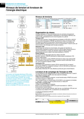 B9404
www.schneider-electric.frGuide de la distribution électrique basse tension et HTA - 2009
Introduction et méthodologie
Livraison et comptage de l’énergie
Niveaux de tension et livraison de
l’énergie électrique
Organisation du réseau
L’énergie électrique en France est produite dans les centrales principalement
nucléaires (80 % de la production), hydrauliques ou thermiques et délivrée à sa
sortie en HTA, généralement 5,5 kV à 6,6 kV parfois 15 ou 20 kV.
Transport HTB
A la sortie de la centrale, l’énergie électrique est élevée en HTB (225 ou 400 kV)
dans un poste d’émergence HTA/HBT qui alimente le réseau de transport HTB.
Ce réseau est maillé aﬁn de permettre l’interconnexion entre une centaine de
centrales débitant simultanément pour couvrir la consommation. Il assure aussi, par
interconnexion, des échanges avec les pays européens.
Répartition HTB
Au voisinage des centres de consommation, des postes de répartition et
interconnexion abaissent la tension en 63 kV ou 225 kV (plus rarement 90 kV et
150 kV) et alimentent un réseau de répartition régional HTB. Ce réseau
généralement en boucle, dessert des postes abaisseurs HTB/HTA.
Postes HTB/HTA
Ces postes sont de deux types selon leur réseau aval HTA :
p postes «sources» HTB/HTA alimentant le réseau public de distribution HTA.
(environ 2000 postes)
p postes «de livraison» privés HTB/HTA alimentant le réseau des quelques 600
consommateurs importants d’énergie de la grande industrie (sidérurgie, chimie,
etc.) dont la puissance dépasse 10 MW.
Distribution HTA
Les postes source alimentent le réseau HTA (en général 20 kV) qui dessert :
p les postes HTA/BT de «distribution publique» (environ 620 000) qui desservent
les très nombreux abonnés BT
p les postes d’abonnés HTA des utilisateurs privés plus gros consommateurs.
Livraison et de comptage de l’énergie en HTA
Le raccordement se fait obligatoirement en HTA au dessus de 250 kVA (1) jusqu’à
une limite de puissance 10 MW, avec deux types de comptage :
Poste HTA à comptage BT
Lorsque le poste de livraison comporte un seul transformateur HTA/BT de courant
secondaire assigné Is y 2000 A (2)
Ceci correspond pour un transformateur 20 kV/400V à une puissance normalisée
y 1250 kVA. Le réseau en aval du poste est alors un réseau BT.
Poste HTA à comptage HTA
Lorsque le poste de livraison comporte :
p soit un seul transformateur HTA/BT de courant secondaire Is > 2000 A(1)
p soit plusieurs transformateurs.
Le réseau en aval du poste comporte, selon les cas, une distribution HTA vers une
ou plusieurs sous-stations HTA, ou directement une distribution BT.
(1) Limites des raccordements en HTA et BT
Le raccordement
p peut se faire en HTA à partir de 50 kVA (par exemple si une extension ultérieure de puisance est prévue) et
obligatoirement au dessus de 250 kVA
p se fait obligatoirement en BT en dessous de 36 kVA et en général en BT jusqu’à 250 kVA
La livraison de l’énergie électrique HTA se fait :
p avec comptage BT pour un poste comportant
un seul transformateur HTA/BT de courant
secondaire assigné inférieur ou égal à 2000 A,
ce qui correspond pour un transformateur
20 kV/400 V à une puissance normalisée
inférieure ou égale à 1250 kVA.
p avec comptage HTA dans les autres cas
Centrale de
production
HTA
Poste
HTB
de répartition /
interconnexion
Réseau de
transport HTB
Poste
Sources
HTB/HTA
Poste privé
HTB/HTA
comptage HTB
(> 10 MW)
Réseau de
répartition HTB
Poste privé
HTB/HTA
comptage HTA
Réseau privé HTA, BT
Réseau de
distribution HTA
Poste privé
HTA/BT
comptage BT
Réseau privé BT
HTB
HTA
BT
Poste
de distribution
publique
HTA/BT
Réseau privé HTA, BT
Réseau de
distribution publique BT
63 à 225 kV
225 à 400 kV
5 à 36 kV
400 V
Abonnés BT
Poste
d'émergence
HTA/HTB
Livraison HTA
Transport,
interconnexion
répartition HTB
Distribution HTA
Distribution BT
Niveaux de tensions
Les niveaux de tension sont déﬁnis par les normes NF C 15-100 et NF C 13-200.
tension domaine autre appellation valeurs usuelles en France
alternative de tension (tension d’utilisation)
y 50 V TBT 12 - 24 - 48 V
y 500 V BTA BT (basse tension) 220 - 380 - 400 V
y 1000 V BTB
1 < U y 50 kV HTA MT (moyenne tension) 5,5 - 6,6 - 10 - 15 - 20 - 36 kV
U > 50 kV HTB1 HT (haute tension) 63 - 90
HTB2 150 - 225 - 400 kV
image manquante
 
