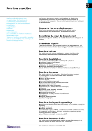 Chorus Guide de la distribution électrique basse tension et HTA - 2009
B33
4d
Fonctions associées
Les fonctions de protection sont
complétées par des fonctions de :
@ commandes complémentaires
@ surveillance de bon fonctionnement
@ exploitation
@ signalisation
@ mesure
@ diagnostic
@ communication
pour permettre une meilleure maîtrise du
système électrique.
Toutes ces fonctions peuvent être assurées
par une seule et même unité numérique de
protection de type Sepam.
Les fonctions de protections peuvent être complétées par des fonctions
complémentaires, notamment de mesure des principaux paramètres de
fonctionnement de l’installation. Elles permettent une optimisation de l’exploitation,
de la consommation.
Commande des appareils de coupure
Cette fonction assure la commande des différents types de bobines
d’enclenchement et de déclenchement des appareils de coupure.
Surveillance du circuit de déclenchement
Cette fonction signale la défaillance du circuit de déclenchement de l’appareil de
coupure.
Commandes logiques
Cette fonction permet la mise en oeuvre du principe de sélectivité logique, par
émission et/ou réception d’ordres “d’attente logique” entre différentes protections.
Fonctions logiques
Ces fonctions font des traitements d’équations logiques pour générer des
informations ou des commandes complémentaires utiles à l’application.
Fonctions d’exploitation
Ces fonctions améliorent le confort d’exploitation de l’utilisateur.
@ régleurs en charge transformateurs
@ régulation varmétrique
@ localisateur de défaut (ANSI 21FL, Fault Locator)
@ commande des gradins de condensateurs
@ durée de fonctionnement avant déclenchement sur surcharge thermique.
Fonctions de mesure
Ces fonctions donnent les informations utiles à une bonne connaissance
du fonctionnement du réseau électrique et de son exploitation.
@ courant phase
@ courant de déclenchement
@ courant résiduel
@ courants différentiels et traversant
@THD courant (taux global de distorsion harmonique)
@ tensions simple et composée
@ tensions directe, inverse et résiduelle
@ THD tension (taux global de distorsion harmonique)
@ fréquence
@ puissances active, réactive et apparente
@ facteur de puissance (cos )
@ énergies active et réactive
@ maximètres de courant, puissance active et réactive
@ température
@ temps de démarrage moteur
@ oscilloperturbographie.
Fonctions de diagnostic appareillage
@ compteurs de manoeuvres de l’appareil de coupure en fermeture et en ouverture
sur défaut
@ temps de manoeuvre
@ temps de réarmement
@ surveillance de capteurs (TT, TC) ; cette fonction permet le contrôle de la chaîne
de mesure des transformateurs de tension ou de courant pour action sur les
fonctions de protection affectées
@ cumul des courants coupés de disjoncteurs (kA2
).
Fonctions de communication
Ces fonctions permettent les échanges utiles de données disponibles entre les
différents éléments du réseau (mesures, états, commandes…).
 
