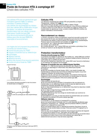 B54
www.schneider-electric.frGuide de la distribution électrique basse tension et HTA - 2009
Postes HTA
Poste de livraison HTA à comptage BT
Choix des cellules HTA
Les cellules HTA sont en général de type
modulaire (gamme SM6) ou tableau
monobloc 3 cellules (Trilogie).
Les cellules de raccordement au réseau
sont des cellules IM ou DDM selon le type
de réseau. La cellule de protection
transformateur est une cellule combiné
interrupteur fusible de type QM.
Pour les environnements difﬁciles le
tableau peut être de type RM6-EIS,
insensible à l’environnement.
Les règles de l’art imposent les protections
suivantes du transformateur :
@ courts-circuits jusqu’au TGBT
@ risques d’incendie dus au diélectrique
@ surcharges
@ défauts internes
@ défauts à la terre
@ retour de courant d’une source autonome
@ courts-circuits à l’aval du TGBT.
max. de I
source
auxiliaire
Cellules HTA
Les éléments caractérisant les cellules HTA sont présentés au chapitre
"Equipements - cellules HTA" page 68.
Les cellules HTA sont de type modulaire SM6 ou tableau Trilogie.
Elles sont raccordées électriquement entre elles par un jeu de barres préfabriqué
à mettre en place sur le site. Elles sont raccordées aux câbles du réseau et du
transformateur en général par le bas. Le poste compact RM6-EIS constitue une
solution insensible à l’environnement.
Raccordement au réseau
La tension nominale du réseau de distribution auquel est raccordé le poste est le
plus souvent 20 kV avec une intensité maximale de court-circuit de 12,5 kA. Le
raccordement est réalisé à l’aide de cellues HTA adaptées à ces caractéristiques.
Plusieurs types de raccordement sont possible (voir page B52) :
@ en antenne : par 1 cellule interrupteur-sectionneur IM
@ en boucle : par 2 cellules IM
@ en double dérivation : par 1 cellule DDM avec permutateur automatique d’une
arrivée sur l’autre en cas de disparition de la tension.
Protection transformateur
Courts-circuits jusqu’au TGBT
La protection est réalisée en général par des fusibles (ex : cellule SM6 type combiné
interrupteur-fusible QM). La fusion d’un ou plusieurs fusibles entraîne l’ouverture de
l’interrupteur par un système de percuteur.
Elle peut être réalisée par disjoncteur (ex : cellule DM1) avec l’accord du distributeur
si une extension de puissance est envisagée.
Risques d’incendie dus aux diélectriques liquides
L’arrêté du 17-1-1989 ﬁxe les mesures de prévention des risques d’incendie
présentés par l’épandage et l’inﬂammation des diélectriques liquides.
En pratique :
@ dans les immeubles de Grande Hauteur (IGH), il est interdit d’installer des
transformateurs contenant plus de 25 litres de diélectrique liquide, ce qui rend
obligatoire l’utilisation de transformateur de type sec
@ dans tous les cas, quel que soit le diélectrique, une protection thermique est
obligatoire et doit provoquer la mise hors tension du transformateur en donnant
l’ordre d’ouverture à la protection HTA amont (cellule type QM).
Surcharges
Cette protection est assurée par :
@ soit une sonde thermique sensible à la température des enroulements du
transformateur ou du diélectrique liquide et dont le seuil est déterminé par la
température maximale admissible dans ces milieux
@ soit un relais ampéremétrique ou un déclencheur long retard du disjoncteur installé
côté basse tension.
@ soit un relais à image thermique installé côté HTA ou BT.
Ces dispositifs peuvent commander :
@ préférentiellement la mise hors charge du transformateur par ouverture du
disjoncteur général BT
@ éventuellement ou en plus, la mise hors tension du transformateur par ouverture
du dispositif de protection HTA amont (cellule type QM).
Défauts internes
La norme NF C 13-100 impose en comptage BT la protection :
@ pour les transformateurs immergés, par un ou des dispositifs de détection (gaz,
surpression, température, etc. - exemple relais de protection DMCR ou DGPT2)
agissant sur le dispositif de coupure HTA
@ pour les transformateurs secs un dispositif de protection thermique, tel que la
protection "Z" des transformateurs de type Trihal avec sonde PTC agissant sur le
dispositif HTA.
Dans les deux cas le dispositif de protection doit provoquer l'ouverture de l'appareil
de coupure de la cellule HTA (ex : interrupteur de la cellule QM).
Le dispositif de protection du transformateur peut être alimenté par le transformateur
de puissance lui-même. Dans le cas d’une protection par cellule QM, le
déclenchement sera alors à mise de tension (type MX).
protection thermique
Une protection thermique permettant la mise hors tension
du transformateur est obligatoire.
Protection contre les défauts internes par relais type DGPT2
ou DMCR
Protection contre les surcharges par relais ampèremètrique
côté BT.
 