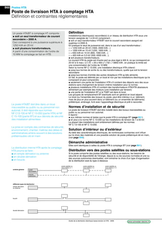 B60
www.schneider-electric.frGuide de la distribution électrique basse tension et HTA - 2009
Postes HTA
Poste de livraison HTA à comptage HTA
Déﬁnition et contraintes réglementaires
Déﬁnition
Installation(s) électrique(s) raccordée(s) à un réseau de distribution HTA sous une
tension assignée de 1 à 24 kV comprenant :
@ soit un seul transformateur HTA/BT dont le courant secondaire assigné est
supérieur à 2000 A.
En pratique le seuil de puissance est, dans le cas d’un seul transformateur :
_ > 1250 kVA en 20 kV (1600, 2000 kVA…)
_ > 1000 kVA en 15 kV (1250, 1600 kVA…)
_ > 630 kVA en 10 kV (800, 1000 kVA…)
_ > 400 kVA en 5,5 kV (500, 6300 kVA…).
@ soit plusieurs transformateurs.
Le courant HTA du poste est d’autre part au plus égal à 400 A, ce qui correspond en
20 kV à S max= U I e = 20 x 400 x 1,732 = 13850 kVA ; en pratique la limite est
une consommation de l’ordre de 10 MW.
Selon la norme NF C 13-200, une installation électrique HTA s’étend :
@ jusqu’aux bornes de sortie du ou des transformateurs, quelle que soit la tension
secondaire
@ jusqu’aux bornes d’entrée des autres récepteurs HTA qu’elle alimente.
En fait, le poste est délimité par un local et non par les installations électriques qui le
composent et peut comprendre :
@ seulement une partie de l’installation HTA s’il contient des départs vers des sous-
stations sans changement de tension (même installation pour la norme)
@ plusieurs installations HTA s’il contient des transformateurs HTA/HTA abaisseurs
alimentant par exemple des moteurs (une installation par tension)
@ une partie de l’installation BT si le TGBT est dans le local.
Les groupes de remplacement BT éventuels sont en général en local séparé.
Le local (ou l’ensemble des locaux) du poste, peut être intérieur à un bâtiment,
mais de plus en plus souvent dans un bâtiment (ou un ensemble de bâtiments)
préfabriqué, aménagé, livré avec l’appareillage électrique et prêt à raccorder.
Normes d’installation et de sécurité
Le poste de livraison HTA/BT doit être installé dans des locaux inaccessibles au
public ou au personnel non autorisé.
Il répond :
@ aux mêmes normes et textes que le poste HTA à comptage BT (page B51)
@ en plus à la norme NF C 13-200 sur les installations de tension de 1 à 63 kV.
La plupart des installations sont entièrement déﬁnies par les normes
NF C 13-100 et NF C 13-200.
Solution d’intérieur ou d’extérieur
Au-delà des caractéristiques électriques, de nombreuses contraintes vont inﬂuer
sur le choix des matériels et une possible solution de poste préfabriqué clé en main,
(voir page B48).
Démarche administrative
Elles sont identiques à celles du poste HTA à comptage BT (voir page B61).
Distribution vers des postes satellites ou sous-stations
Si le poste comporte des postes satellites ou des sous-stations, les besoins de
sécurité et de disponibilité de l’énergie, depuis la ou les sources normales et une ou
des sources autonomes éventuelles, vont entraîner le choix d’un type d’organisation
de la distribution aval du type ci-dessous
Un poste HTA/BT à comptage HT comporte :
@ soit un seul transformateur de courant
secondaire > 2000 A.
Ceci correspond à une puissance supérieure à
1250 kVA en 20 kV.
@ soit plusieurs transformateurs.
A partir d’une consommation de l’ordre de
10 MW le comptage se fait en HTB.
Le poste HTA/BT doit être dans un local
inaccessible au public ou au personnel non
autorisé. Il doit répondre aux normes
NF C13-100 et NF C 13-200 (partie HTA) et NF
C 15-100 (partie BT) et aux décrets de sécurité
des installation alimentées.
La prise en compte des contraintes de sécurité,
environnement, chantier, maîtrise des délais et
administratives amène souvent à des solutions
préfabriquées clé en main.
La distribution interne HTA après le comptage
HTA pourra se faire :
@ en simple dérivation ou antenne
@ en double dérivation
@ en boucle.
poste satellite ou
sous-station n° 1
poste satellite ou
sous-station n° 2
poste satellite ou
sous-station n° 3
schéma général poste
de livraison
source
autonome
différents types de distribution
simple dérivation
ou antenne
boucle
double dérivation
 