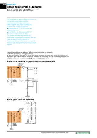 B66
www.schneider-electric.frGuide de la distribution électrique basse tension et HTA - 2009
Postes HTA
Poste de centrale autonome
Exemples de schémas
HTA/BT
auxiliaires
mesures
synchro
comptage
protectionsHTA
excitation
régulation
transformateur
unité de
protection et de
contrôle générateur
G
Protections
C 13-100
B61-41
cogénération
disjoncteur
de couplage
autres
groupes
circuit
bouchon
HTA/BT
auxiliaires
mesures
comptage
protections
HTA
G G G
Protections
C 13-100
B61-41
Poste pour centrale éolienne
Les cellules de la gamme SM6 permettent de
réaliser les postes de production
décentralisée d’énergie électrique.
Elles intégrent des unités numériques
multifonction Sepam permettant :
@ la protection NF C13-100 contre les
défauts internes
@ la protection de découplage B61.41
@ la prise en compte de la TGS.
Ces postes peuvent être réalisés en
ensembles préfabriqués d’extérieur type Bo-
cage équipés et prêts à raccorder.
Ils peuvent être surveillés et commandés à
distance par des systèmes numériques type
Sepam.
Les cellules modulaires de la gamme SM6 permettent de réaliser les postes de
production décentralisée d’énergie électrique.
Ce type de poste (voir exemples de schémas ci-après) nécessite au niveau de la cellule de protection par
disjoncteur (type DM2) la mise en place d’une protection de découplage B61.41. Elle est intégrée dans une
protection mixte NF C 13-100 et découplage B61.41 de type Sepam S48.
Poste pour centrale cogénération raccordée en HTA
 