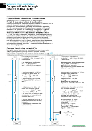 Equipements et leurs caractéristiques
Compensation de l'énergie
réactive en HTA (suite)
B82
www.schneider-electric.frGuide de la distribution électrique basse tension et HTA - 2009
Commande des batteries de condensateurs
Des précautions sont à prendre concernant les valeurs suivantes :
Pouvoir de coupure de batterie de condensateur
Après coupure, il demeure, une tension de réamorcage égale à la différence entre la
tension du réseau, et la tension de charge des condensateurs.
L’appareil utilisé de coupure devra être capable de s’opposer à ce réamorcage.
On le dimensionnera de façon à vériﬁer pour les courants assignés IR respectifs :
IR appareil = 1,43 IR batterie (ex : un appareil de courant assigné 630 A peut
manoeuvrer une batterie de courant capacitif IR batt = 630/1,43 = 440 A).
Mise sous et hors tension des batteries de condensateurs
p La mise sous tension d’une batterie provoque une surintensité d’enclenchement
de courte durée (y 10 ms) de valeur de crête et de fréquence élevées, dépendant
du réseau amont (puissance de court-circuit Scc) et du nombre de batteries.
Il faudra parfois insérer une self de choc pour limiter cette surintensité à la tenue
crête des condensateurs (y 100 IR) ou à une valeur inférieure selon .l’appareillage.
p La mise hors tension des batteries de condensateurs s’accompagne de
surtensions importantes. Les disjoncteurs à SF6 sont particulièrement adaptés vis à
vis des réamorçages possibles
Exemple de calcul de batterie HTA
L’exemple ci-dessous illustre ceci pour une installation avec un transformateur
20 kV/ 5,5 kV de puissance 6300 kVA (puissance apparente assignée).
Pour les tableau d'aide au calcul de la puissance réactive, se reporter en page A289.
Caractéristique de l’installation :
U = 5500 V, P = 5000 kW, cos 1= 0,75.
Conséquences :
@ les kvar en excès sont facturés :
cos 1= 0,75 correspond à
tg 1= 0,882 > 0,4 limite de gratuité
@ la puissance appelée en kVA est
supérieure au besoin réel en kW
S
P
= = =
cos 0,75
kVA
ϕ
5000
6666
@ le transformateur est surchargé
d’un facteur 6666/6300 soit environ
de 6 %
@ le disjoncteur et les câbles sont
choisis pour un courant total de
I
P
= = =
U 3 cos 5500 3 0,75
A
ϕ1
5000 10
700
3
.
.
@ les pertes dans les câbles (P = R I2
)
sont calculées en fonction du carré
du courant, soit (700)2
@ l’énergie réactive est fournie par le
transformateur et est véhiculée dans
l’installation
@ le disjoncteur et l’installation sont
surdimensionnés
Caractéristique de l’installation :
U = 5500 V, P = 5000 kW, cos 2=0,928.
Conséquences :
@ la consommation de kvar est supprimée :
cos 2 = 0,928 correspondant à
tg 2 = 0,4, limite de gratuité
@ les pénalisations d’énergie réactive de la
facture sont supprimées
@ la souscription de puissance en kVA est
ajustée au besoin réel en kW :
S
P
= = =
cos 0,928
kVA
ϕ
5000
5388
@ le transformateur n’est plus
surchargé
@ une réserve de puissance est
disponible: ici 6300/5388 soit environ 17 %
@ le disjoncteur et les câbles sont choisis
pour un courant ramené à
I
P
= = =
U 3 cos 5500 3 0,928
A
ϕ2
5000 10
566
3
.
.
@ les pertes dans les câbles sont
diminuées dans le rapport de
(566)2
/(700)2
= 0,65 soit 35 % de gain
@ l’énergie réactive est fournie
localement par la batterie de
condensateur
@ puissance de la batterie :
Qc = Pa (tg 1 - tg 2)
= 5000 (0,882 - 0,4) = 2400 kvar
(3 gradins de 800 kvar)
kW
kVA
kvar
kW kvar
kVA
kW kvar
kVA
6300 kVA
5500 V
6300 kVA
5500 V
cos = 0,75
atelier
cos = 0,928
atelier
installation sans condensateur installation avec condensateur
 