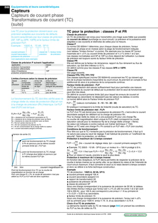 B86
www.schneider-electric.frGuide de la distribution électrique basse tension et HTA - 2009
Equipements et leurs caractéristiques
Capteurs
Capteurs de courant phase
Transformateurs de courant (TC)
(suite)
Les TC pour la protection doivent avoir une
précision adaptée aux courants de défauts.
Ils sont caractérisés par leur classe de précison
(5P, 10P ou 5PR, 10PR) et le facteur limite de
précision FLP.
Exemple : 100/5 A, 15 VA, 5P15
courant primaire classe de facteur limite
courant secondaire précision de précision
puissance de précision
(voir explications dans exemple)
TC pour la protection : classes P et PR
Classe de précision
Un TC de protection est conçu pour transmettre une image aussi ﬁdèle que possible
de courant de défaut (surcharge ou court-circuit). La précision et la puissance sont
adaptées à ces courants et distinctes de celles pour la mesure.
Classe P
La norme CEI 60044-1 détermine, pour chaque classe de précision, l'erreur
maximale en phase et en module selon la plage de fonctionnement indiquée
(voir tableau "limites d’erreur" ci-contre). Par exemple pour la classe 5P l’erreur
maximale est i ±5% au courant limite de précision et i ±1% entre 1 et 2 Ipn.
Les classes normalisées sont 5P et 10P. Le choix dépend de l’utilisation. La classe
de précision est toujours suivie du facteur limite de précision.
Classe PR
Elle est déﬁnie par le facteur de rémanence, rapport du ﬂux rémanent au ﬂux de
saturation, qui doit être inférieur à 10 %.
On déﬁnit comme pour les classes P, les classes 5PR et 10PR.
Classe PX
Voir page suivante.
Classes TPS,TPX,TPY,TPZ
Ces classes spéciﬁques (norme CEI 60044-6) concernent les TC qui doivent agir
lors de la phase transitoire d’asymétrie du court-circuit. Ils prennent en compte le ﬂux
additionnel dû alors à la présence de la composante continue.
Facteur limite de précision : FLP
Un TC de protection doit saturer sufﬁsamment haut pour permettre une mesure
assez précise du courant de défaut par la protection dont le seuil de fonctionnement
peut être très élevé.
On déﬁnit le courant primaire limite (Ipl) pour lequel les erreurs de courant et
déphasage au secondaire ne dépassent pas les valeurs du tableau ci-contre.
La norme déﬁnit alors le Facteur limite de précison FLP.
FLP
IpI
Ipn
= (valeurs normalisées : 5 - 10 - 15 - 20 - 30)
En pratique il correspond à la limite de linéarité (coude de saturation) du TC.
Facteur limite de précision réel : FLPr
Le FLP d’un TC est donné pour la puissance de précision Pn, c’est-à-dire le courant
secondaire assigné Isn débitant sur la charge de précision Rn.
Pour la charge réelle du relais on a une puissance Pr pour une charge Rp.
La courbe de magnétisation étant unique le FLPr (réel) correspond au coude
saturation calculé pour la résistance Rp de la charge réelle (charge + ﬁlerie).
Sa valeur est indiquée ci-contre (calculs voir Cahier technique n° 194).
Utiliser un TC avec une charge Pr< Pn conduit à un FLP réel > FLP (voir courbe).
Conditions de fonctionnement
Pour être sur que le TC n’entache pas la précision de fonctionnement, il faut qu’il
ne sature pas jusqu’au seuil de réglage. Il est habituel de prendre un "coefﬁcient de
sécurité". Selon la protection, on vériﬁera :
Protection à maximum de I à temps constant
FL
Ire
Ipn
Pr > 2 (Ire = courant de réglage relais, Ipn = courant primaire assigné TC)
@ Exemple :TC 200/5 - 10 VA - 5P10 pour un moteur In = 160 A protégé à 8 In.
Ire
Ipn
= 8
160
200
= 6,4 il faut que FLPr = FLP
Rtc Rn
Rtc Rp
+
+
= 10
Rtc Rn
Rtc Rp
+
+
> 2 x 6,4 = 12,8
@ Pour un relais à 2 seuils, prendre le seuil le plus élevé.
Protection à maximum de I à temps inverse
En fonction des récepteurs, le FLPr devra permettre de respecter la précision de la
courbe à temps inverse sur sa partie utile, ce qui dépend du relais et de l’intensité de
court-circuit maximum. Il faut connaître le seuil où le relais devient à temps constant
et donc se référer à la ﬁche technique constructeur.
Exemple
TC de protection : 100/5 A, 30 VA, 5P15.
@ courant primaire assigné 100 A
@ courant secondaire assigné 5 A
@ rapport de transformation 20
@ puissance de précision 30 VA
@ classe de précision 5P
Sous une charge correspondant à la puissance de précision de 30 VA, le tableau
des limites d'erreur indique que l’erreur est i ±1% et ±60 mn entre 1 et 2 Ipn (soit
100 à 200 A) ; pour 100 A ceci correspond à une erreur i 1 A au primaire et
i 5 x 0,01 = 0,05 A au secondaire.
@ facteur limite de précison 15
Sous une charge correspondant à la puissance de précison, l’erreur est i ±5%
soit au primaire pour 1500 A erreur i 75 A, et au secondaire i 3,75 A
Choix d’un TC de protection
La démarche reprend celle du TC de mesure (page B85) en prenant les conditions
du FLP au lieu de celles du FS.
Limites d’erreurs selon la classe de précision
classe erreur erreur de erreur de
de composée courant déphasage (1)
précision au courant entre Ipn pour courant
limite de et 2Ipn assigné de précision
précision
5P 5 % ±1 % ± 60 mn
10P 10 % ±3 % pas de limite
Le fonctionnement du TC doit être vériﬁé avec la
charge réelle du relais de protection (Rp) et non
à la charge de précision (Rn) théorique. Le FLP
réel (FLPr) est tel que :
FLPr= FLP
Rtc Rn
Rtc Rp
+
+
= FLP
Pi
Pi Pn
+
+
Pr
Rtc = résistance de l’enroulement secondaire du TC
Rn = résistance de la charge de précision avec sa ﬁlerie
Rp = résistance du relais de protection avec sa ﬁlerie
Pi = Rct Isn2
pertes internes du TC
Pn = Rn Isn2
puissance de précison du TC
Pr = Rr Isn2
consommation de la charge réelle du capteur
Isn = courant secondaire assigné (nominal).
Point de fonctionnement d’un TC sur la courbe de
magnétisation en fonction de sa charge.
Pour une charge Pr < Pn, le coude de saturation n’est pas
atteint au FLP. Le FLP réel est donc supérieur.
tension de sortie (V)
point de fonctionnement du TC chargé
à Pr (charge plus faible) et parcouru par
le même courant FLP Ipn
point de fonctionnement du TC chargé
à Pn et parcouru par le même courant
primaire limite Ipl = FLP Ipn
Imr Imn courant magnétisant Im
Classe de précision P suivant l'application
application classe
protection homopolaire 5P
protection différentielle
relais d'impédance 10P
protection ampèremétrique
 