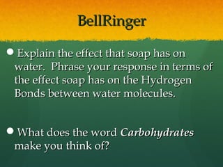 BellRingerBellRinger
Explain the effect that soap has onExplain the effect that soap has on
water. Phrase your response in terms ofwater. Phrase your response in terms of
the effect soap has on the Hydrogenthe effect soap has on the Hydrogen
Bonds between water molecules.Bonds between water molecules.
What does the wordWhat does the word CarbohydratesCarbohydrates
make you think of?make you think of?
 