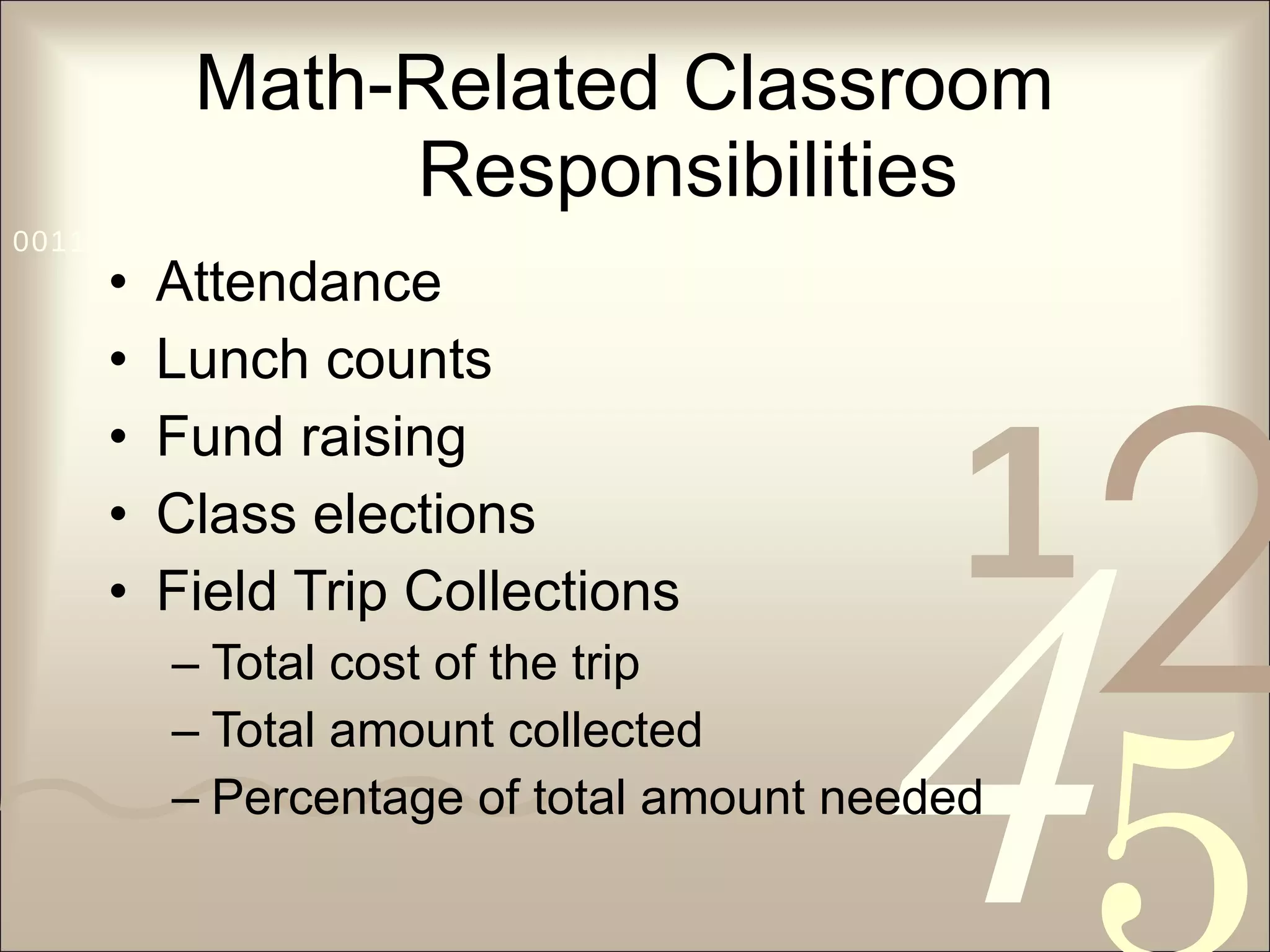 Math-Related Classroom Responsibilities Attendance Lunch counts Fund raising  Class elections Field Trip Collections  Total cost of the trip Total amount collected Percentage of total amount needed 