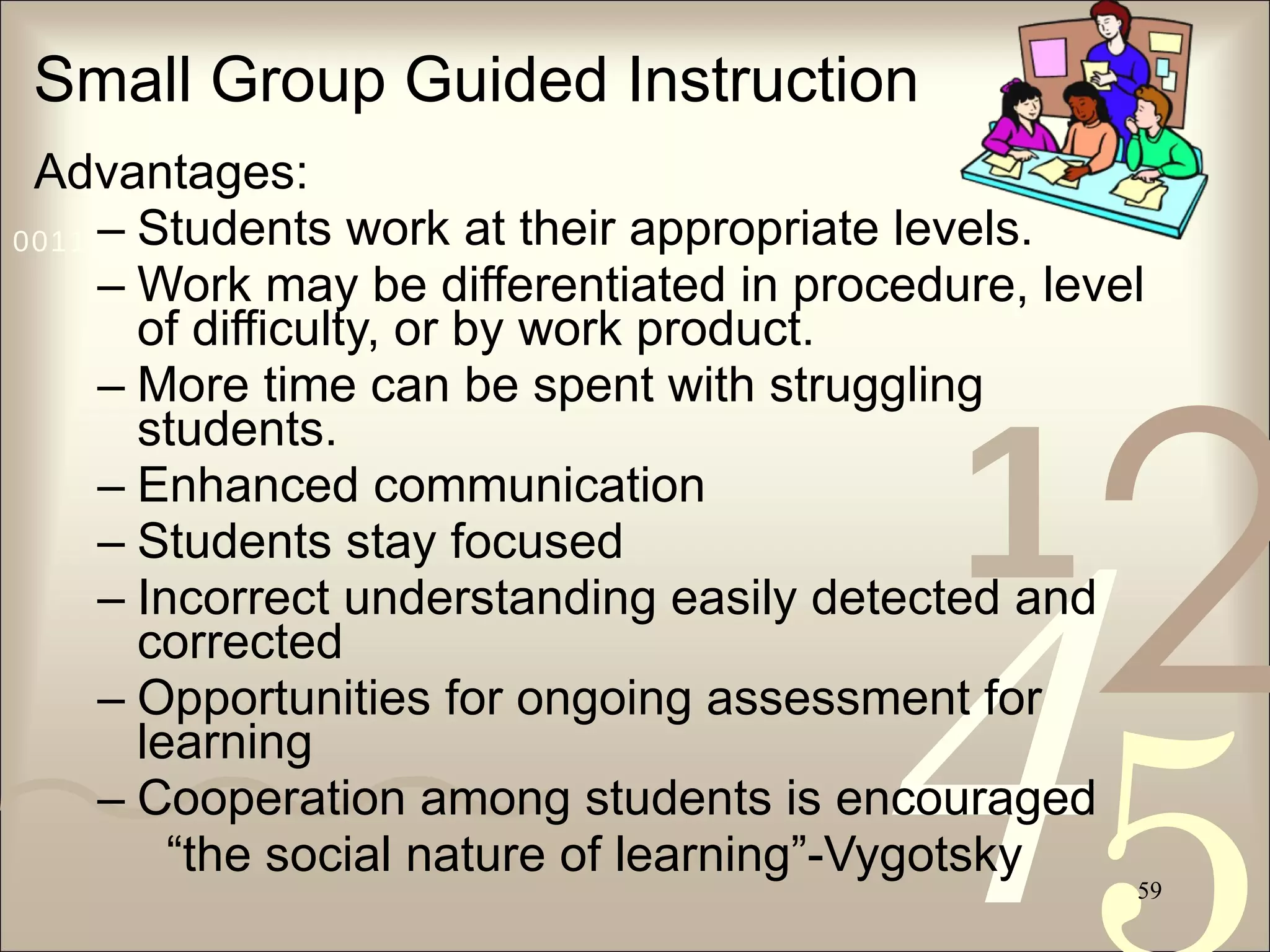 Small Group Guided Instruction Advantages: Students work at their appropriate levels. Work may be differentiated in procedure, level of difficulty, or by work product. More time can be spent with struggling students. Enhanced communication Students stay focused Incorrect understanding easily detected and corrected Opportunities for ongoing assessment for learning Cooperation among students is encouraged  “ the social nature of learning”-Vygotsky 