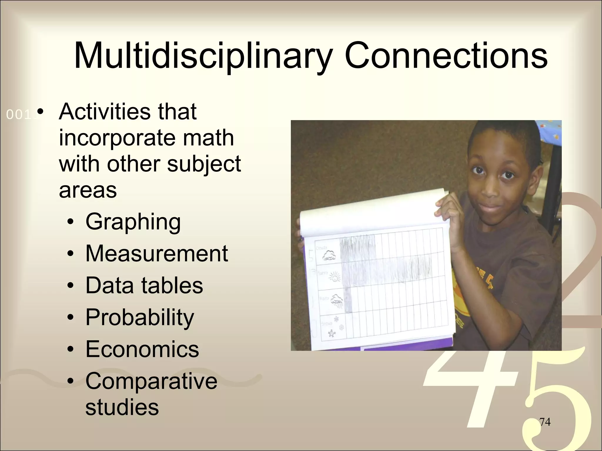 Multidisciplinary Connections Activities that incorporate math with other subject areas  Graphing Measurement Data tables Probability Economics Comparative studies 