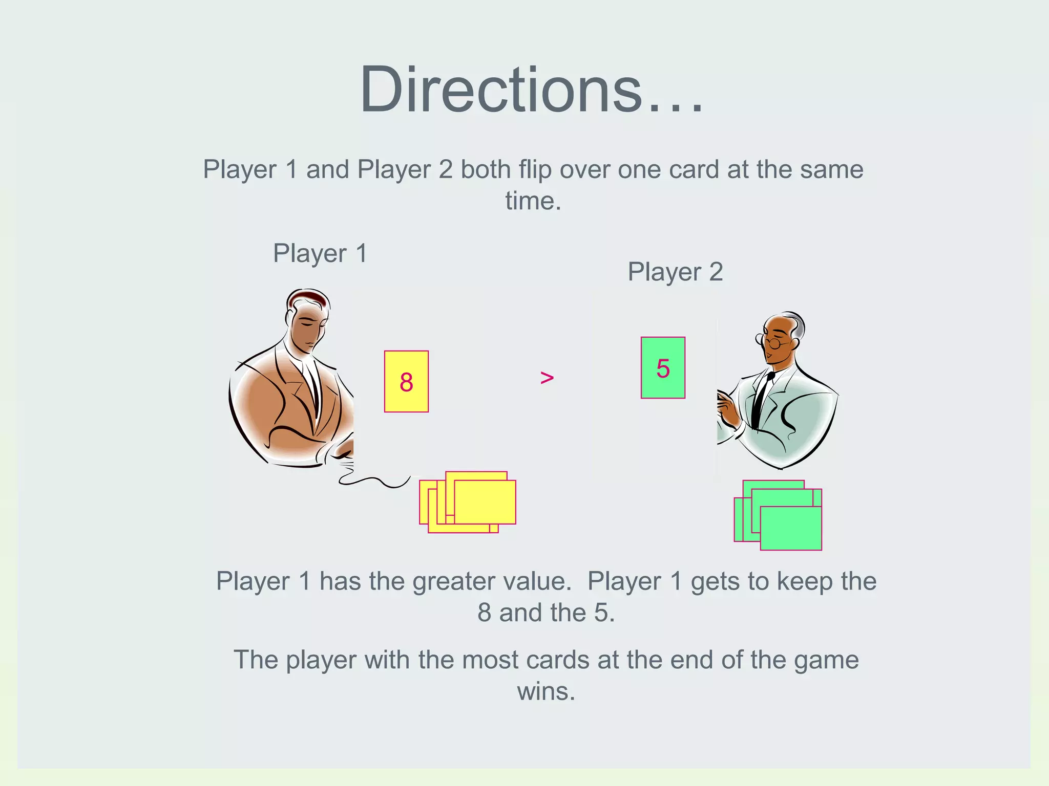 Directions…
8
5>
Player 1
Player 2
Player 1 and Player 2 both flip over one card at the same
time.
Player 1 has the greater value. Player 1 gets to keep the
8 and the 5.
The player with the most cards at the end of the game
wins.
 