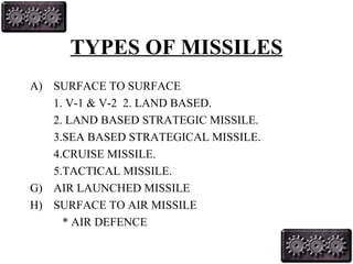 TYPES OF MISSILES SURFACE TO SURFACE 1. V-1 & V-2 2. LAND BASED. 2. LAND BASED STRATEGIC MISSILE. 3.SEA BASED STRATEGICAL MISSILE. 4.CRUISE MISSILE. 5.TACTICAL MISSILE. AIR LAUNCHED MISSILE SURFACE TO AIR MISSILE * AIR DEFENCE