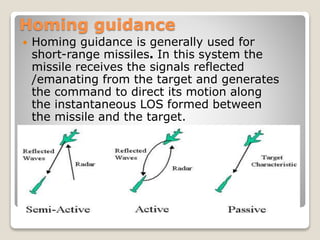 Homing guidance
 Homing guidance is generally used for
short-range missiles. In this system the
missile receives the signals reflected
/emanating from the target and generates
the command to direct its motion along
the instantaneous LOS formed between
the missile and the target.
 