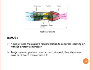 14
Turbojet engine
RAMJET –
 A ramjet uses the engine's forward motion to compress incoming air,
without a rotary compressor.
 Ramjets cannot produce thrust at zero airspeed, thus they cannot
move an aircraft from a standstill
 