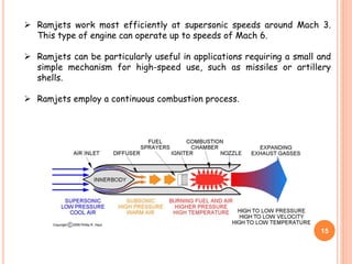 15
 Ramjets work most efficiently at supersonic speeds around Mach 3.
This type of engine can operate up to speeds of Mach 6.
 Ramjets can be particularly useful in applications requiring a small and
simple mechanism for high-speed use, such as missiles or artillery
shells.
 Ramjets employ a continuous combustion process.
 