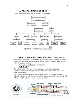 18
D. PROPULSION SYSTEM
Guided missiles use some form of jet power for propulsion.
ATMOSPHERIC JET PROPULSIONSYSTEM.—There are
three types of atmospheric jet propulsion systems—the turbojet, pulsejet, and ramjet
engines. Of these three systems, only the turbojet engine is currently being used in
Navy air-launched missiles.
The various methods are as follows:-
TURBOJET –
 The turbojet is the oldest kind of general-purpose air breathing jet engine.
 Compared to turbofans, turbojets are quite inefficient if flown below about Mach
2 and are very noisy.
 As a result, most modern aircraft use turbofans instead for economic reasons,
although turbojets are still common in medium range cruise missiles, due to their high
exhaust speed, low frontal area, and relative simplicity.
 