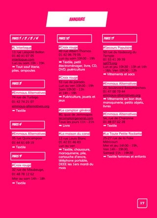 Paris 1e
/ 2e
/ 3e
/ 4e
#L’interloque
13 rue Léopold Bellan
01 40 41 07 05
interloque.com
Lun au sam 10h - 19h
➡ Tout sauf literie,
piles, ampoules
Paris 3E
#Emmaus Alternatives
74 rue de Turbigo
01 42 74 21 07
emmaus-alternatives.org
➡ Textile
Paris 4E
#Emmaus Alternatives
35 rue Quincampoix
01 44 61 69 19
➡ Textile
Paris 9E
#Croix rouge
32 rue de Maubeuge,
01 48 78 12 62
Mar au sam 14h - 18h
➡ Textile
Paris 10E
#Croix rouge 
40 rue Albert-Thomas
01 42 06 79 05 
Lun au sam 10h30 - 19h
➡ Textile, petit
électroménager, livre, CD,
DVD, puériculture
#Croix rouge
53 rue de paradis
Lun au ven 10h30 - 19h
Sam 10h30 - 13h
et 14h - 19h
➡ Puériculture, jouets et
jeux
#Le comptoir général
80, quai de Jemmapes
lecomptoirgeneral.com
Tous les jours 11h - 21h
➡ Livre
#La maison du canal
13 rue Louis Blanc
01 42 01 46 83
Lun au ven
➡ Textile, chaussure,
maroquinerie, pile,
cartouche d’encre,
téléphone portable,
DEEE les 1ers mardi du
mois
Paris 11E
#Secours Populaire
50 rue du faubourg du
Temple
01 53 41 39 39
spf75.org
Lun et jeu 10h30 - 13h et 14h
- 16h, Ven 10h30 - 12h
➡ Vêtements et sacs
#Emmaus Alternatives
22, boulevard Beaumarchais
01 47 00 70 44
emmaus-alternatives.org
➡ Vêtements en bon état,
maroquinerie, petits objets,
livres
#Emmaus Alternatives
54, rue de Charonne
01 48 07 02 28
➡ Textile
#La Toute Petite Rockette
25-27 rue de la Folie
Méricourt
Mer et jeu 14h30 - 19h,
Ven 14h - 19h30,
Samedi 11h - 19h30
➡ Textile femmes et enfants
Annuaire
17
 
