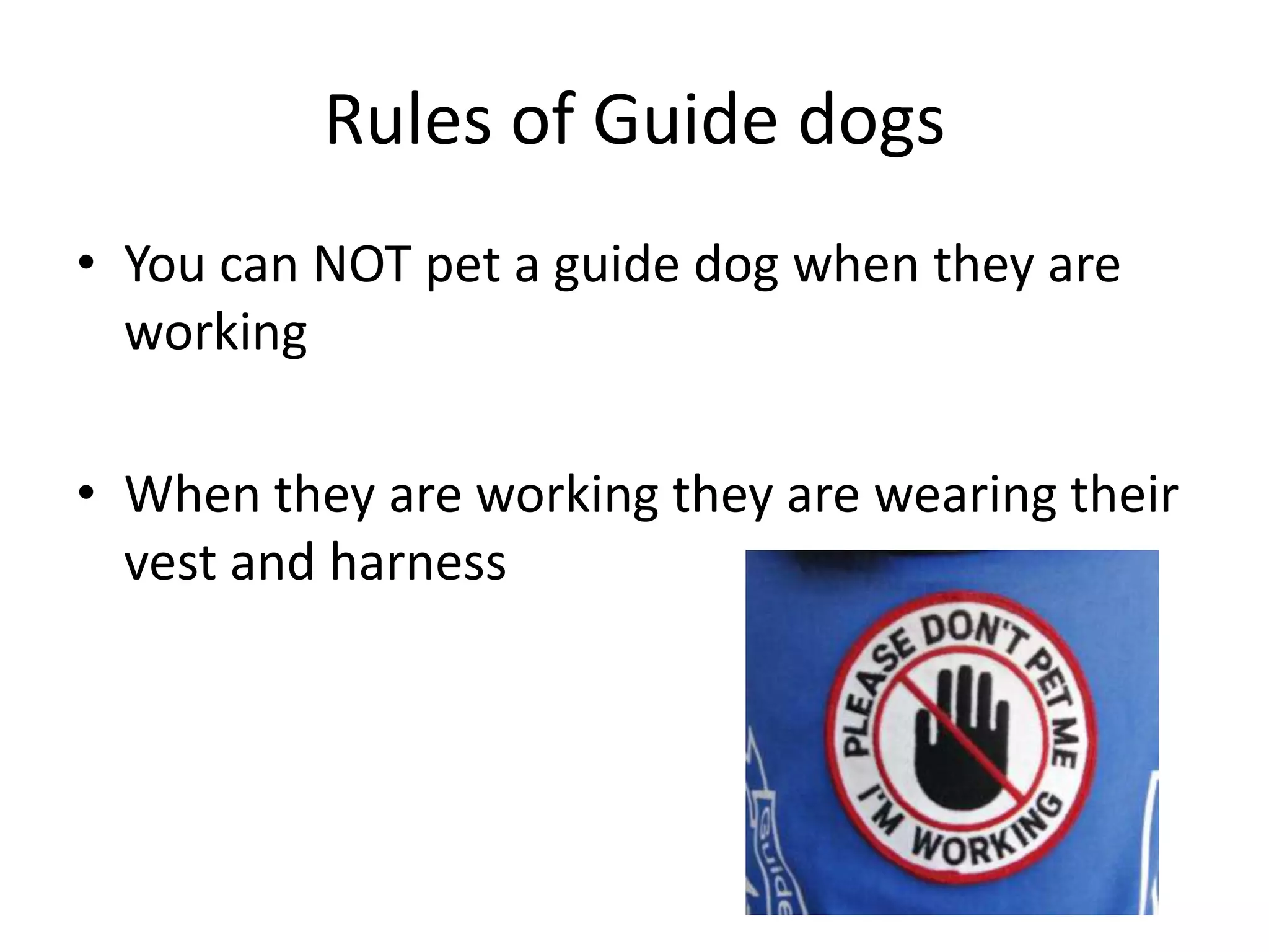 Rules of Guide dogs
• You can NOT pet a guide dog when they are
working
• When they are working they are wearing their
vest and harness
 