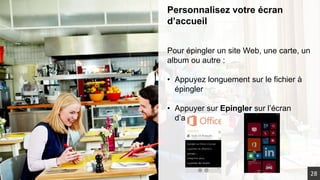 Personnalisez votre écran
d’accueil
Pour épingler un site Web, une carte, un
album ou autre :
• Appuyez longuement sur le fichier à
épingler
• Appuyer sur Epingler sur l’écran
d’accueil
28
 