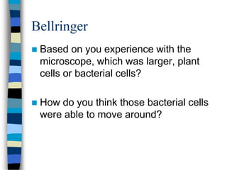 Bellringer
 Based on you experience with the
microscope, which was larger, plant
cells or bacterial cells?
 How do you think those bacterial cells
were able to move around?
 
