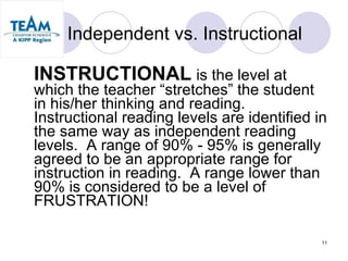 Independent vs. Instructional INSTRUCTIONAL   is the level at which the teacher “stretches” the student in his/her thinking and reading.  Instructional reading levels are identified in the same way as independent reading levels.  A range of 90% - 95% is generally agreed to be an appropriate range for instruction in reading.  A range lower than 90% is considered to be a level of FRUSTRATION! 