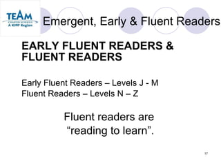 Emergent, Early & Fluent Readers EARLY FLUENT READERS & FLUENT READERS Early Fluent Readers – Levels J - M Fluent Readers – Levels N – Z Fluent readers are  “ reading to learn”. 
