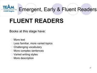 Emergent, Early & Fluent Readers FLUENT READERS Books at this stage have: More text  Less familiar, more varied topics  Challenging vocabulary  More complex sentences  Varied writing styles  More description 