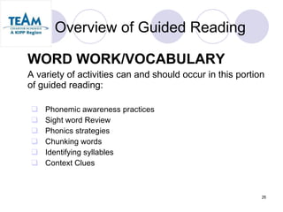 Overview of Guided Reading WORD WORK/VOCABULARY A variety of activities can and should occur in this portion of guided reading: Phonemic awareness practices  Sight word Review Phonics strategies Chunking words Identifying syllables  Context Clues 