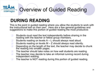 Overview of Guided Reading   DURING READING This is the point in guided reading where you allow the students to work with the instructional text on their own.  Here are a few general guidelines and suggestions to make this portion of guided reading the most productive: Students must read the text independently before sharing in the  reading with the teacher or fellow group members. Students reading on levels A – L should always read aloud. Students reading on levels M – Z should always read silently. Depending on the length of the text, the teacher may decide to chunk  the reading into smaller pages. The teacher should take notes on how well students are reading. The teacher may decide to take an informal running record during  independent reading. The teacher is NOT reading during this portion of guided reading. 