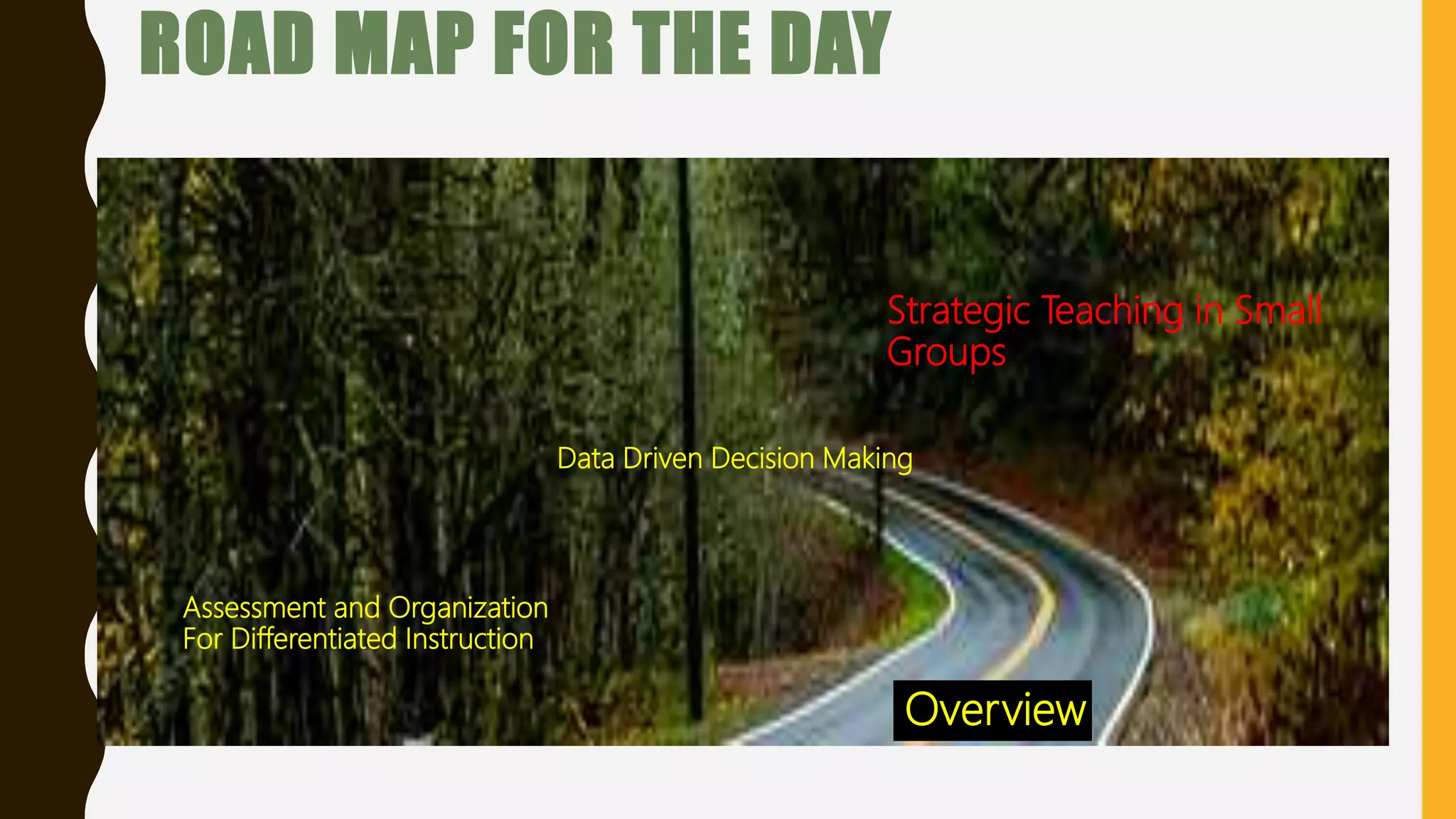 ROAD MAP FOR THE DAY
Assessment and Organization
For Differentiated Instruction
Data Driven Decision Making
Strategic Teaching in Small
Groups
Overview
 