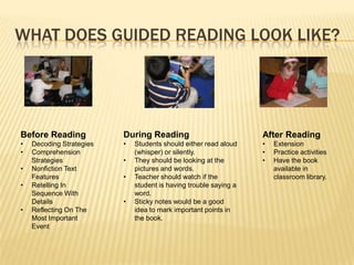 WHAT DOES GUIDED READING LOOK LIKE?




Before Reading            During Reading                           After Reading
•   Decoding Strategies   •   Students should either read aloud    •   Extension
•   Comprehension             (whisper) or silently.               •   Practice activities
    Strategies            •   They should be looking at the        •   Have the book
•   Nonfiction Text           pictures and words.                      available in
    Features              •   Teacher should watch if the              classroom library.
•   Retelling In              student is having trouble saying a
    Sequence With             word.
    Details               •   Sticky notes would be a good
•   Reflecting On The         idea to mark important points in
    Most Important            the book.
    Event
 