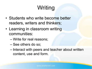 Writing
• Students who write become better
  readers, writers and thinkers;
• Learning in classroom writing
  communities:
  – Write for real reasons;
  – See others do so;
  – Interact with peers and teacher about written
    content, use and form.
 