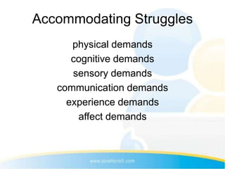 Accommodating Struggles
      physical demands
      cognitive demands
      sensory demands
   communication demands
     experience demands
       affect demands
 