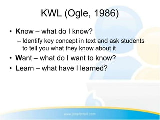 KWL (Ogle, 1986)
• Know – what do I know?
  – Identify key concept in text and ask students
    to tell you what they know about it
• Want – what do I want to know?
• Learn – what have I learned?
 