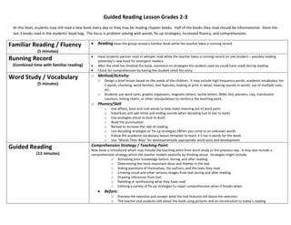 Guided Reading Lesson Grades 2-3
At this level, students may still read a new book every day or they may be reading chapter books. Half of the books they read should be informational. Store the
last 3 books read in the students’ book bag. The focus is problem solving with words, fix-up strategies, increased fluency, and comprehension.

Familiar Reading / Fluency

Reading Have the group reread a familiar book while the teacher takes a running record.

(5 minutes)

Running Record
(Combined time with familiar reading)

Word Study / Vocabulary
(5 minutes)

Have students partner read or whisper read while the teacher takes a running record on one student – possibly reading
yesterday’s new book for emergent readers.
After the child has finished the book, comment on strategies the student used (or could have used) during reading.
Check for comprehension by having the student retell the story.

o Method/Activity:
o Design a brief lesson based on the needs of the children. It may include high frequency words, academic vocabulary tier
o

II words, chunking, word families, text features, looking at print in detail, hearing sounds in words, use of multiple cues,
etc.
Students use word sorts, graphic organizers, magnetic letters, tactile letters, Wikki Stix, pointers, clay, translucent
counters, linking charts, or other manipulatives to reinforce the teaching point.

o Phonics/Skill
o
o
o
o
o
o
o
o

Guided Reading
(12 minutes)

Use affixes, base and root words to help make meaning out of word parts
Substitute and add initial and ending sounds when decoding (car to bar to bark)
Use analogies (must to bust to dust)
Read the punctuation
Reread to increase the rate of reading
Use decoding strategies or Fix-up strategies (When you come to an unknown word)
Follow the academic vocabulary lesson template to teach 3-5 tier II words for the week
Use “Words Their Way” for developmentally appropriate word sorts and development

Comprehension Strategy / Teaching Point:
New book is introduced which may include the teaching point from word study or the previous day. It may also include a
comprehension strategy which the teacher models explicitly by thinking aloud. Strategies might include:
o Activating prior knowledge before, during, and after reading
o Determining the most important ideas and themes in the text
o Asking questions of themselves, the authors, and the texts they read
o Creating visual and other sensory images from text during and after reading
o Drawing inferences from text
o Retelling or synthesizing what they have read
o Utilizing a variety of fix-up strategies to repair comprehension when it breaks down

Before:
o Preview the selection and answer what the text features tell about the selection.
o The teacher and students talk about the book using pictures and an introduction to today’s reading.

 